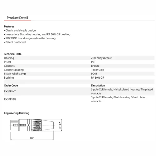 CONECTOR CANON XLR HEMBRA ROXTONE Referencia: RX3FP-NT